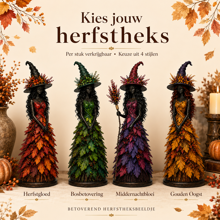 Négy színváltozat egymás mellett: vörös-narancs, zöld, lila-bordó seprűvel és aranysárga ruhás boszorkány figura, őszi díszek között. 2