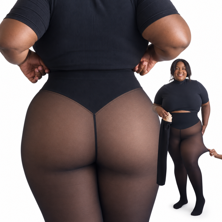 Thermo leggings plus size modellen, hátulról, a combnál megnyújtott anyaggal