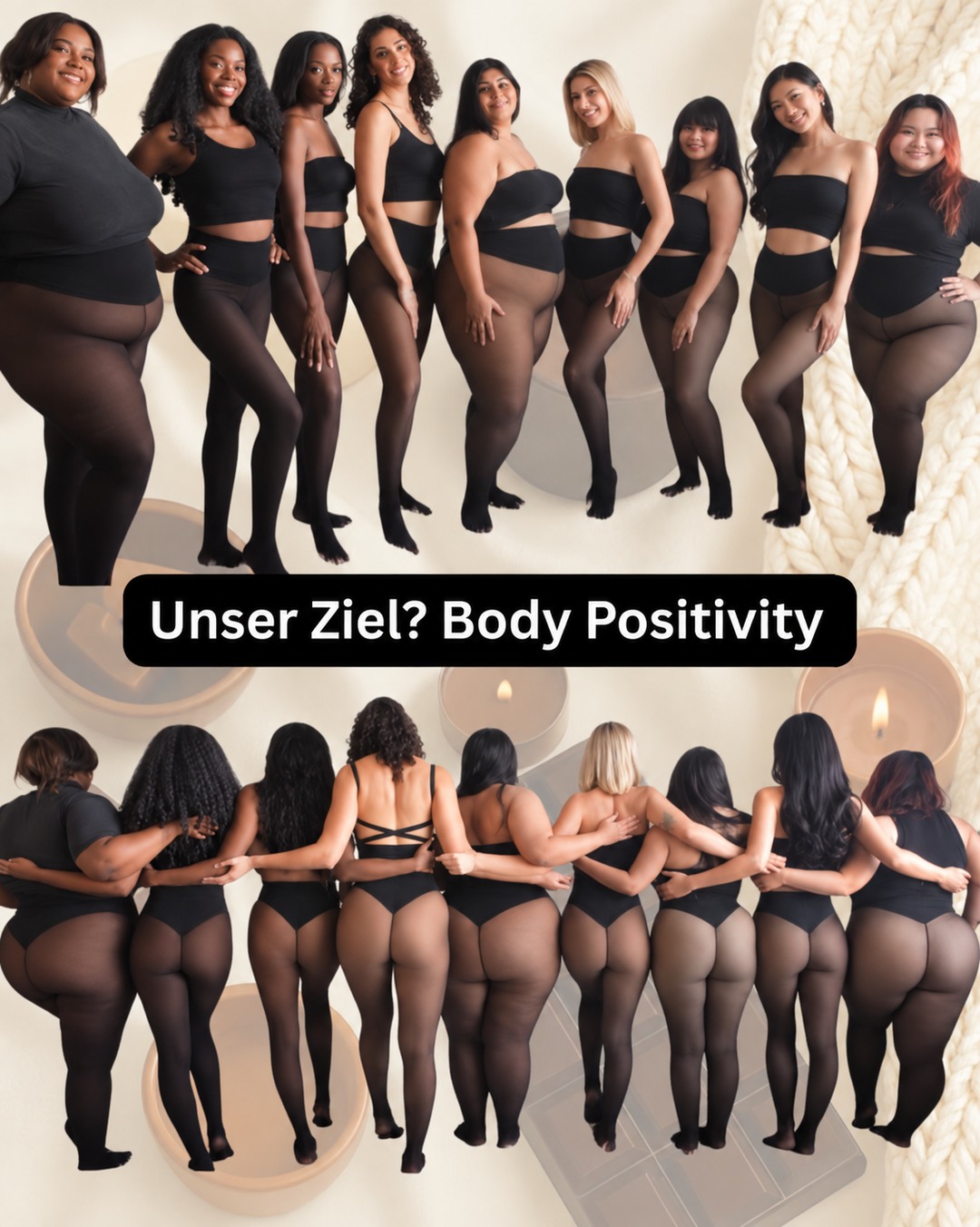 Fekete leggings több különböző testalkatú modellen, szemből és hátulról