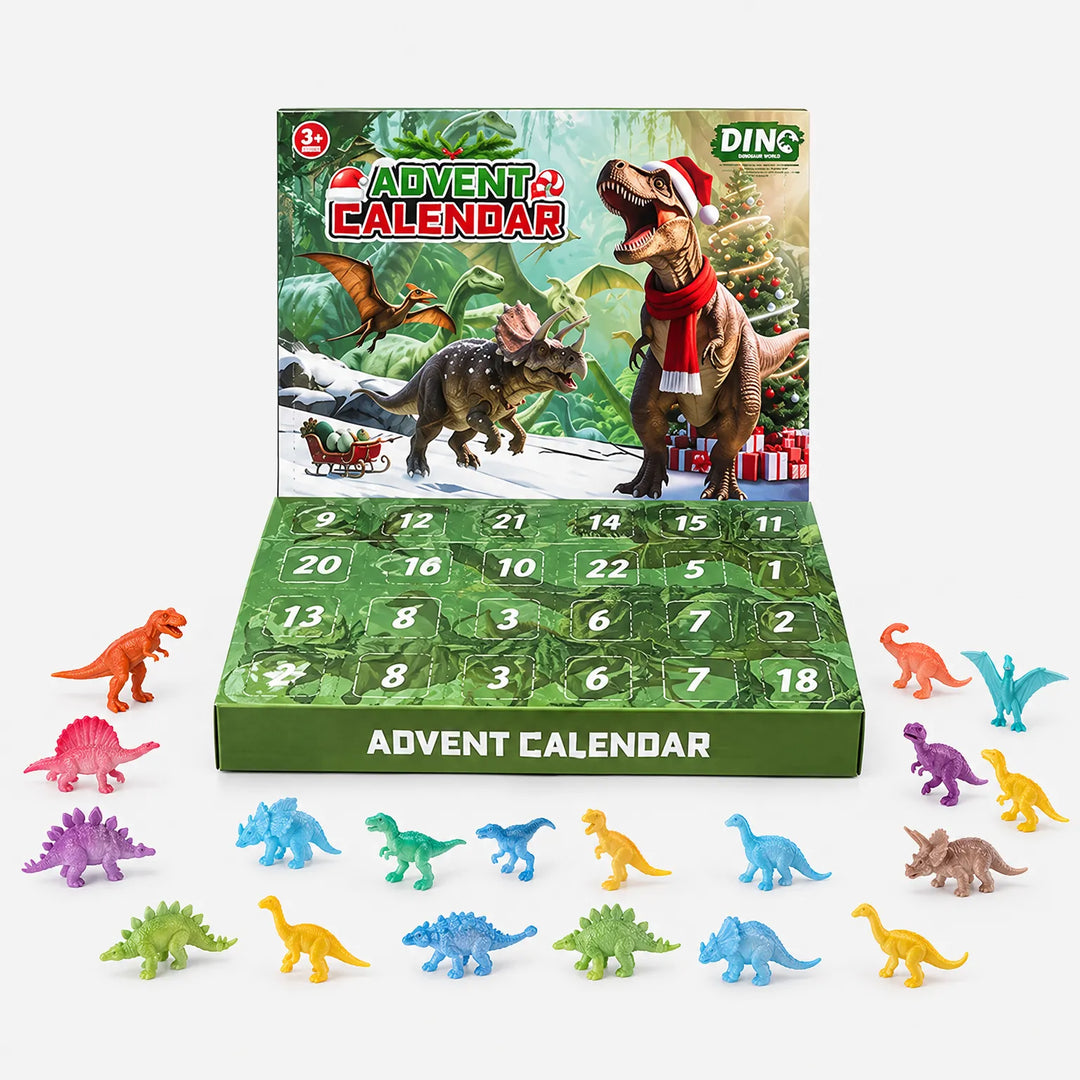 Az adventi naptár dobozának eleje szemből, előtte kirakva a naptárban rejtőző, sokféle színű apró műanyag dinoszaurusz figura. 2