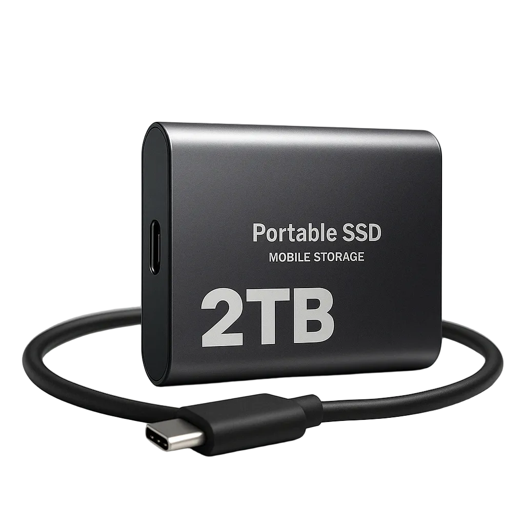 Külső SSD fekete fém burkolattal, mellette fekete USB-C kábel fehér háttér előtt.