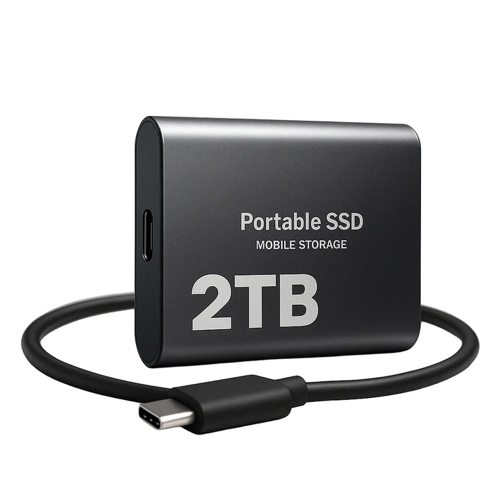 Külső SSD fekete fém burkolattal, mellette fekete USB-C kábel fehér háttér előtt.