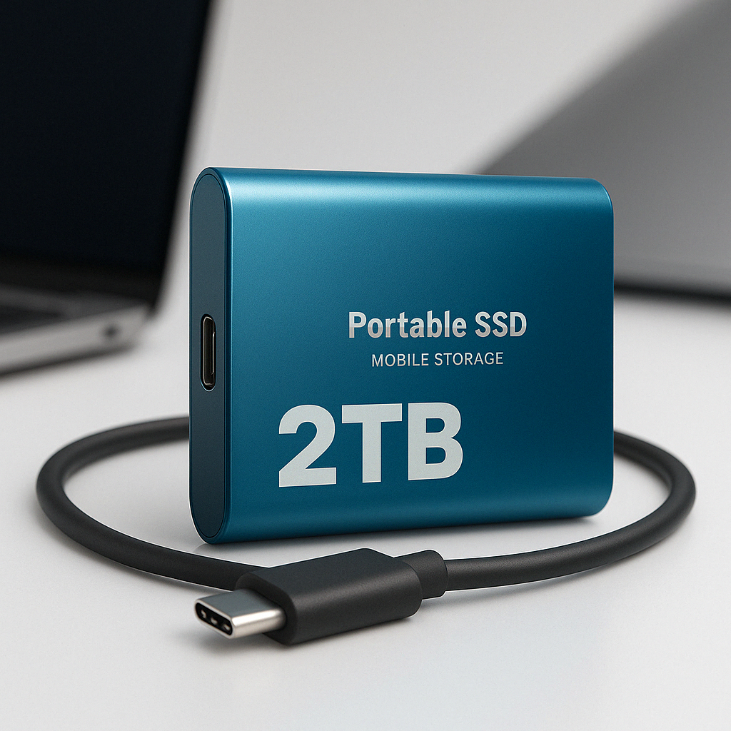 Külső SSD kék színben fehér asztalon, előtte fekete USB-C kábel.