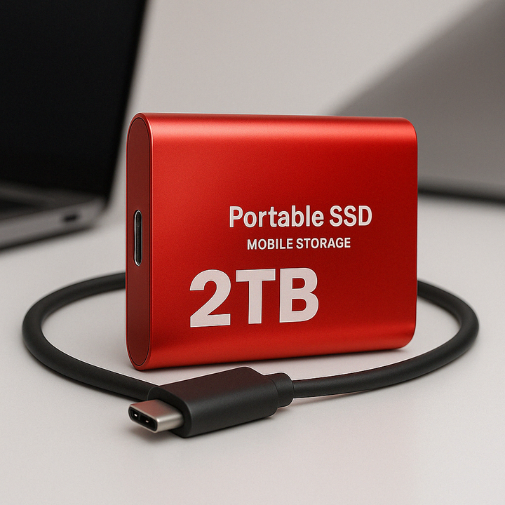 Külső SSD piros színben fehér asztalon, előtte fekete USB-C kábel.