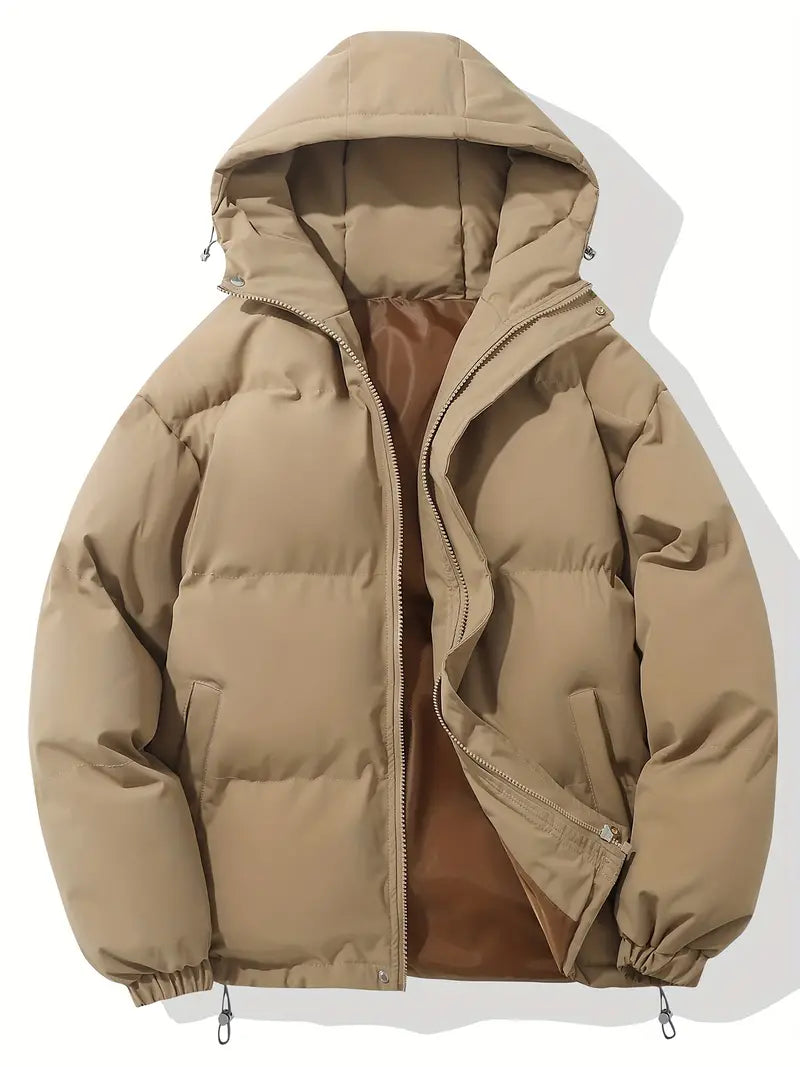 Beige Kapuzenjacke, warm, klassisches Design, Reißverschluss, Wintermode, Unisex, Outdoor-Bekleidung.