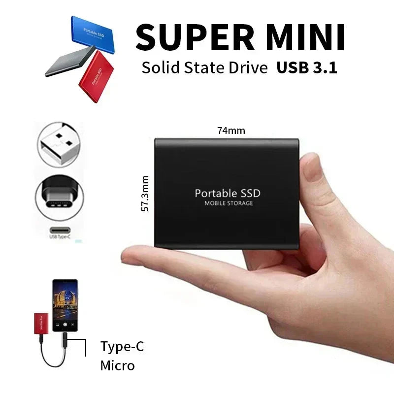 Fekete mini SSD egy tenyéren, a méreteit jelző vonalakkal, mellette USB-A és USB-C csatlakozók, valamint telefonhoz kötött piros meghajtó. 3