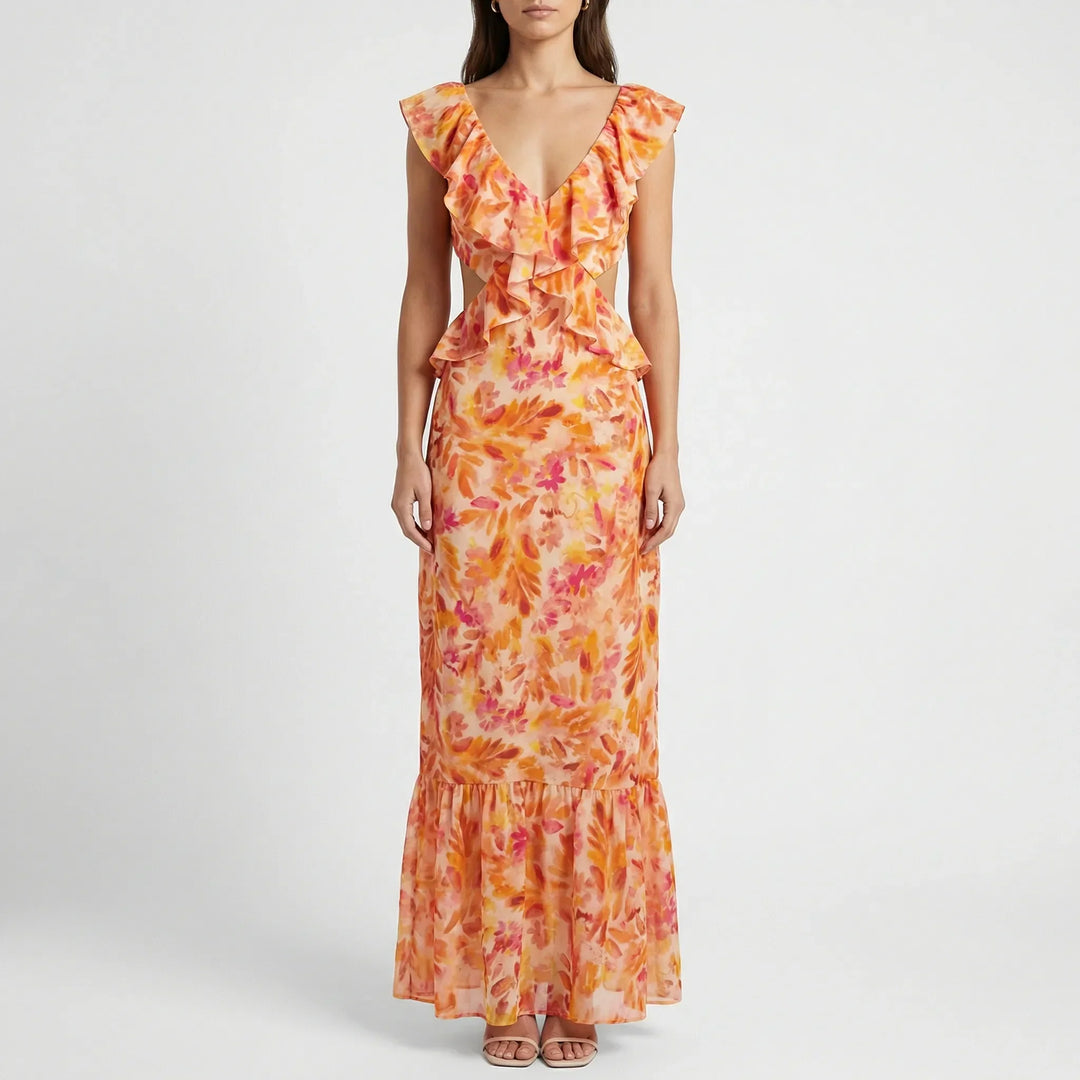 Florales Maxikleid Mit V-Ausschnitt - Kathy