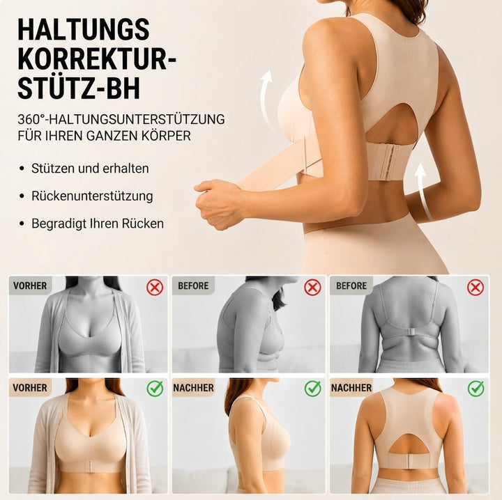 Támogató, tartásjavító melltartó bézs színben, hátulról látható részlettel.