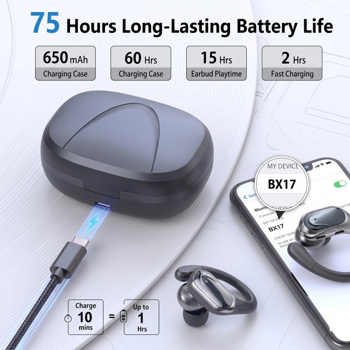 Bluetooth 5.3 Sport Fülhallgató Mikrofonnal, LED Tokkal és 75 órás Lejátszással – 1+1 INGYEN