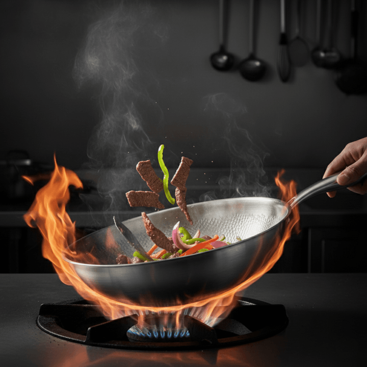 Kalapált titán lapos aljú wok serpenyő a gáztűzhelyen, lángok és dobott hússzeletek és zöldségek mellett.