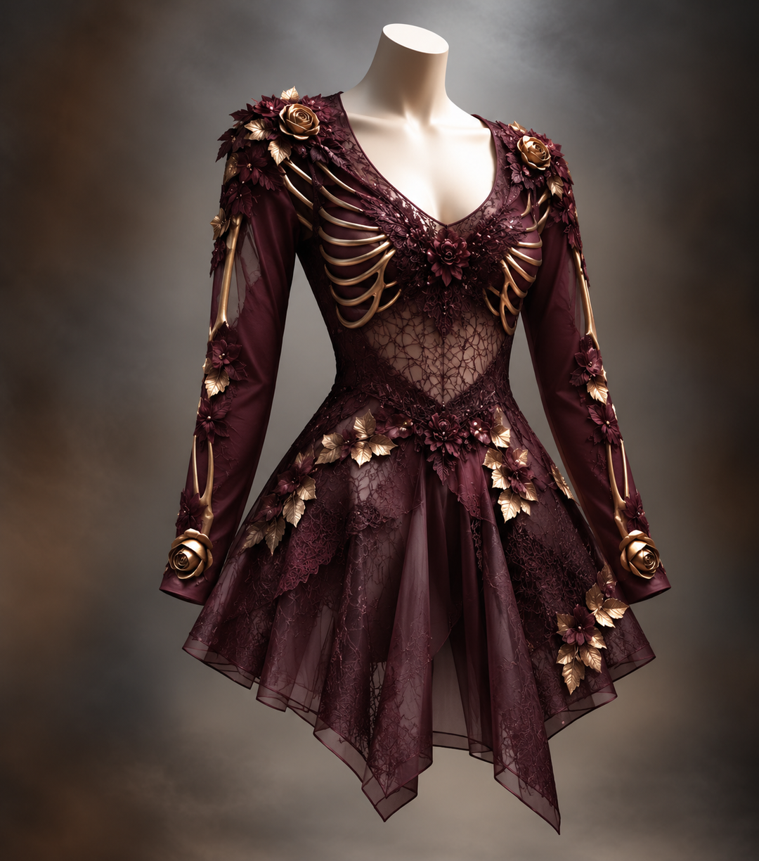 Bordó színváltozat próbababán: hosszú ujjú, V-nyakú csipkés mini ruha arany csontmintával, rózsákkal és tüllszoknyával.