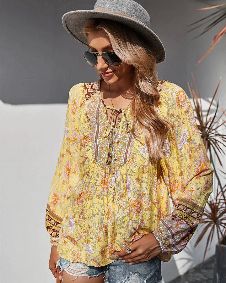 Vintage Boho nyári blúz virágmintával és hosszú ujjú – Sana