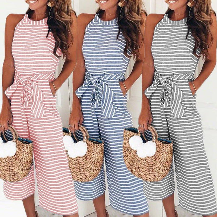 Csíkos női jumpsuit, átlapolós dekoltázzsal – Vivienne
