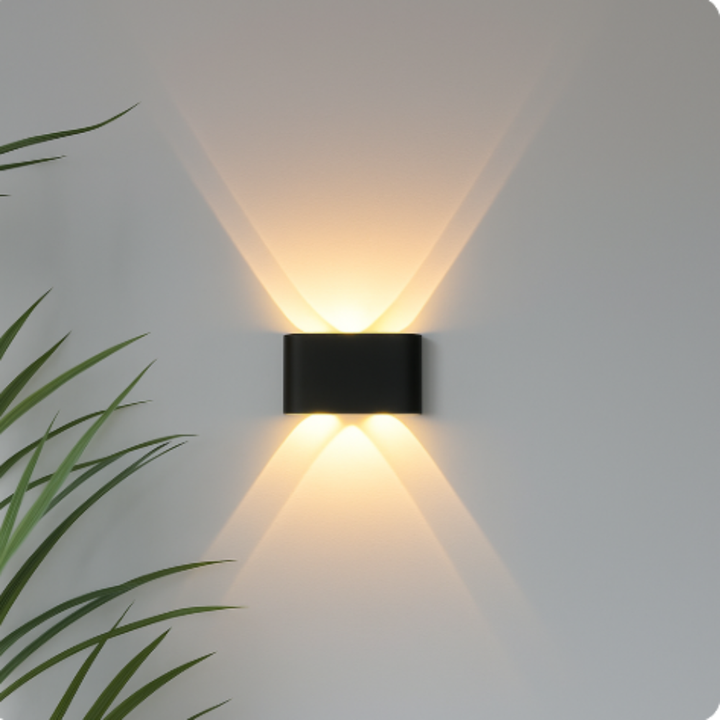 Fekete, lekerekített téglalap alakú LED fali lámpa két fénnyel felfelé és lefelé.