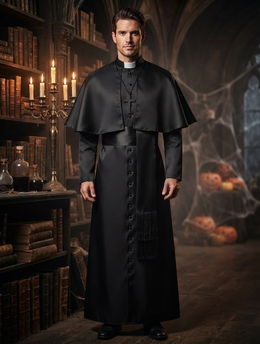 Férfi modell fekete pap jelmezben, hosszú palásttal és kereszttel, gyertyás, tökös halloweeni könyvtárban 1
