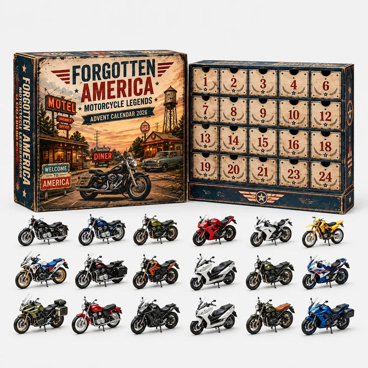 Régi hangulatú, krémszínű fiókos adventi naptár motoros mintás dobozzal, alatta sorban 18 miniatűr motorkerékpár. 4