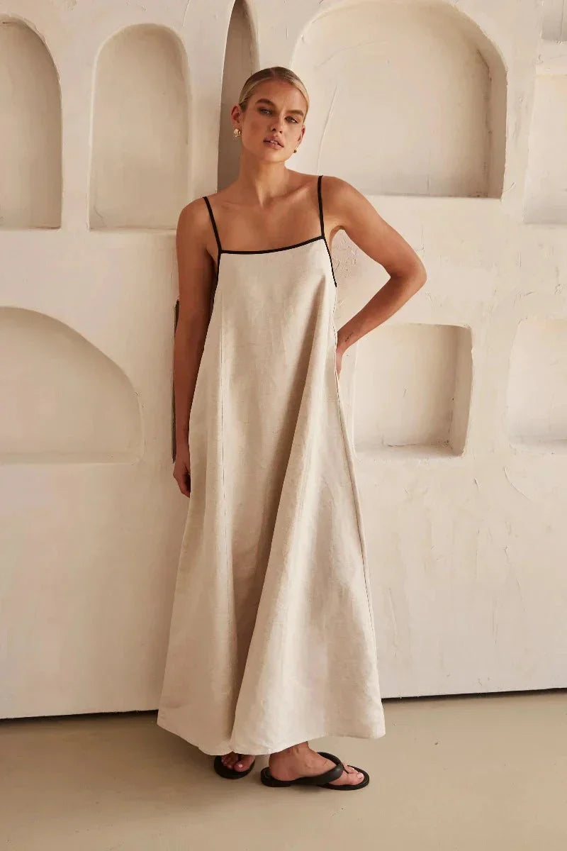Ujjatlan Bézs Boho Maxi Ruha Vászonhatású – Elin