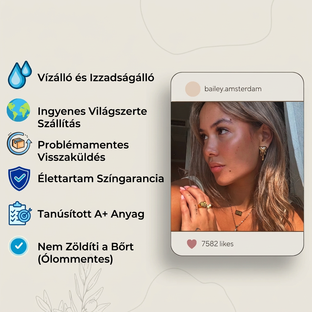 Tájékoztató grafika ikonokkal a termék előnyeiről, mellette egy közösségi oldalas modellfotó fülbevalóval és gyűrűkkel 4