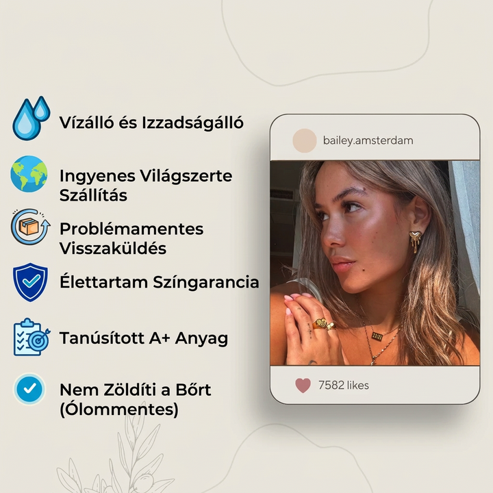 Tájékoztató grafika ikonokkal a termék előnyeiről, mellette egy közösségi oldalas modellfotó fülbevalóval és gyűrűkkel 4