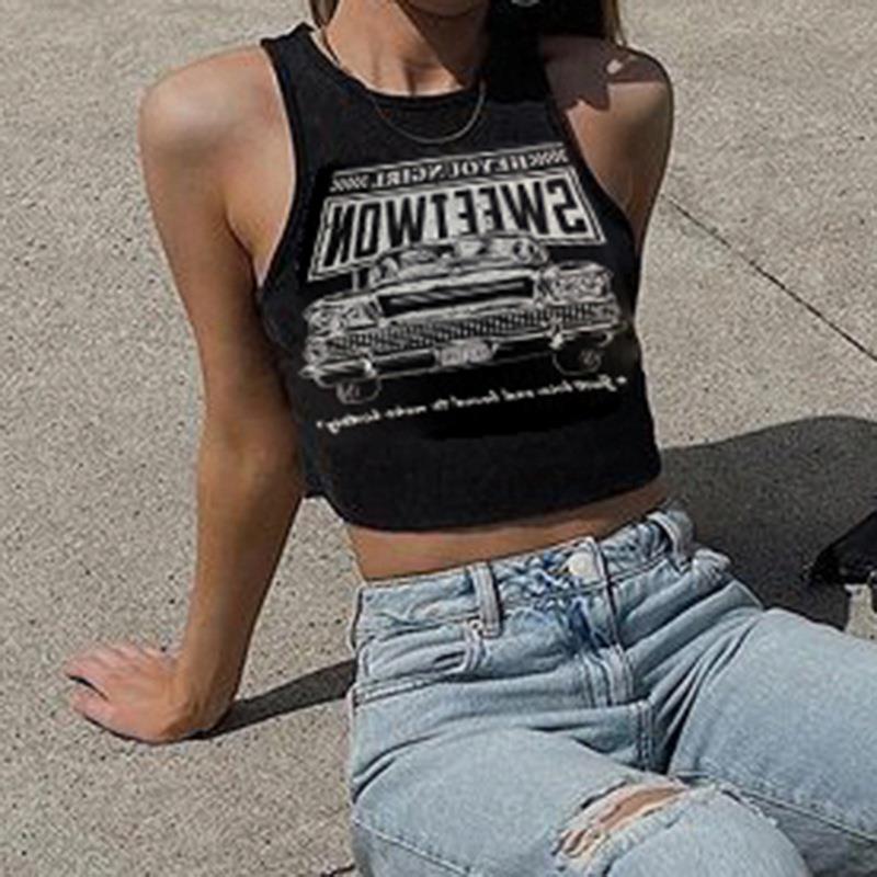 Trendi női crop-top autós nyomattal és kerek nyakkivágással – Maila