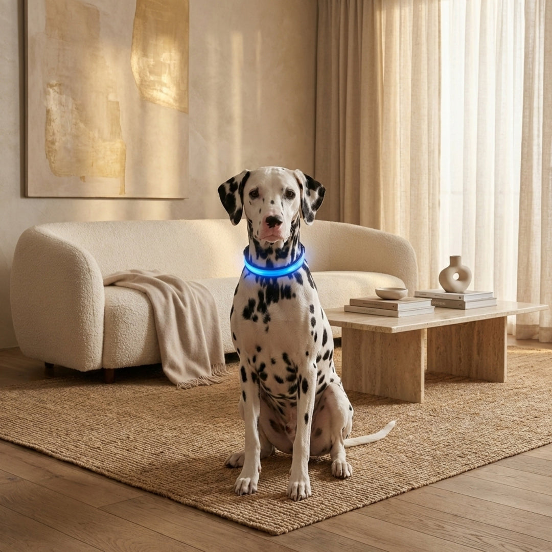 Dalmata kutya ül egy világos nappaliban, nyakán kéken világító LED nyakörvvel. 2