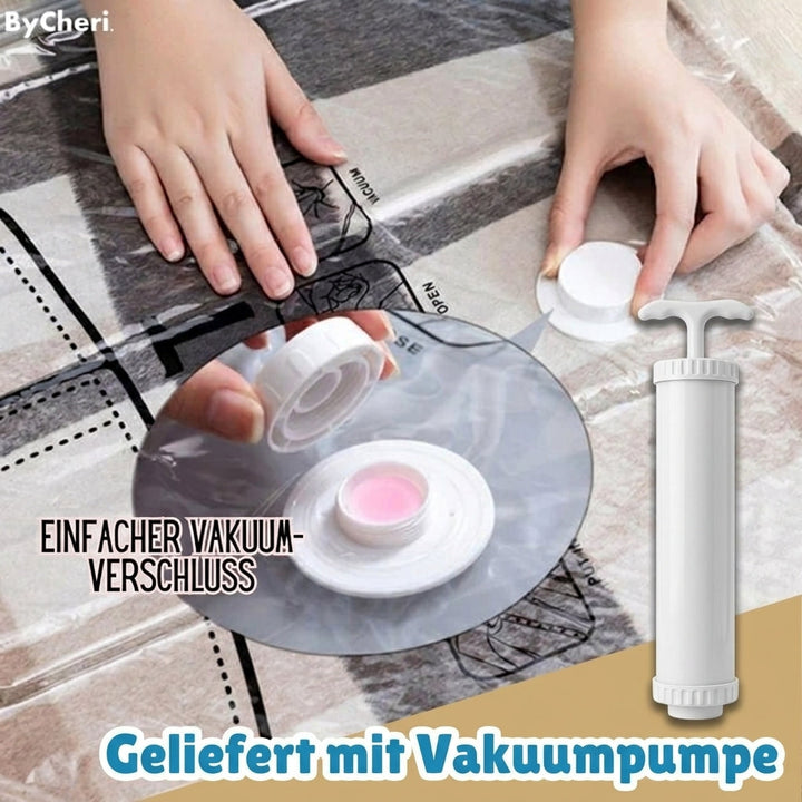 A tárolózsák fehér szelepének közeli képe a mellékelt fehér kézi pumpával