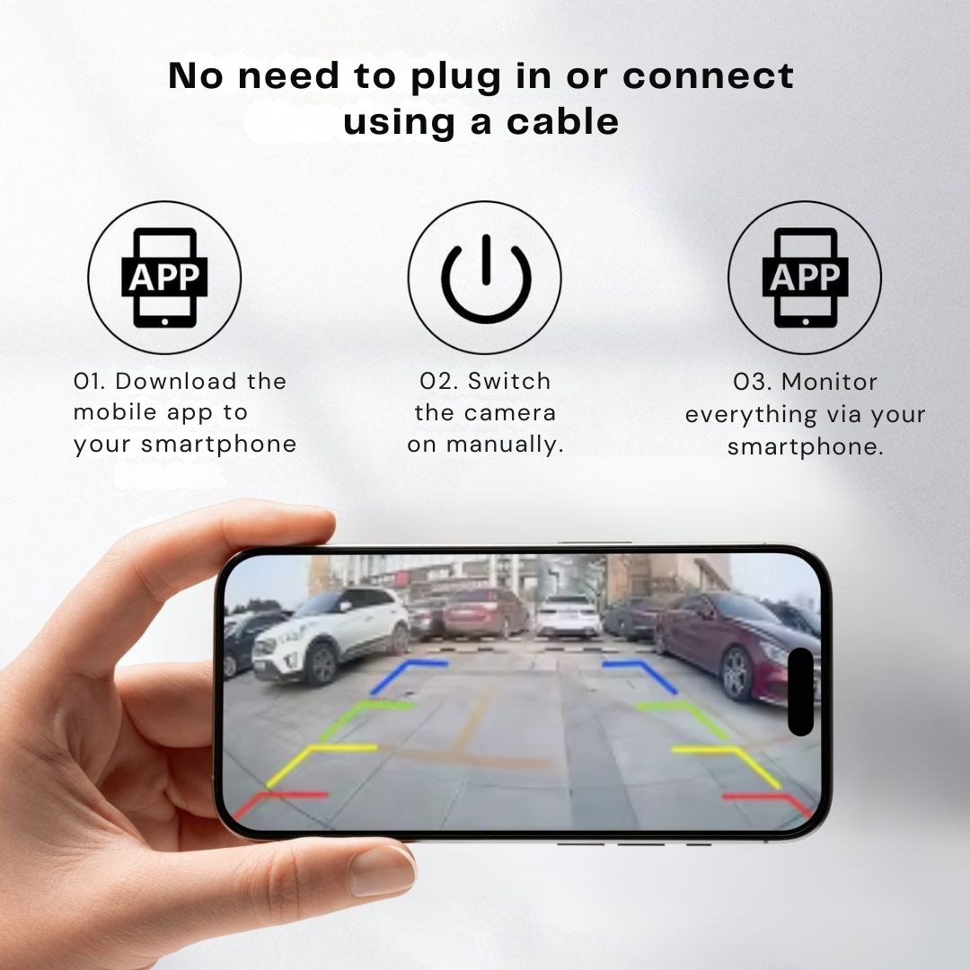 Vezeték nélküli tolatókamera telefon kijelzőjén, segédvonalas parkolókép