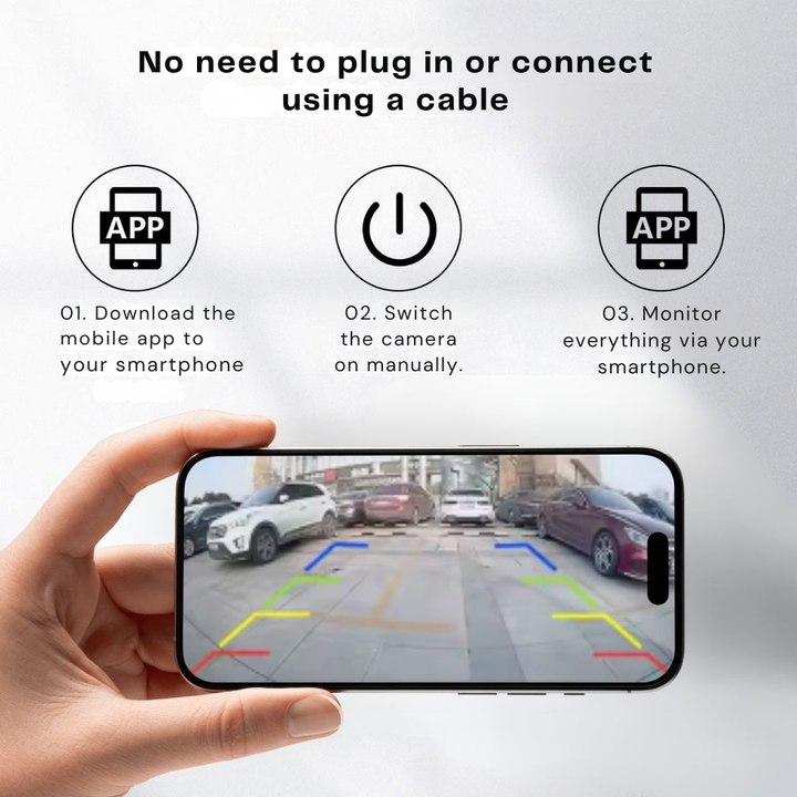 Vezeték nélküli tolatókamera telefon kijelzőjén, segédvonalas parkolókép