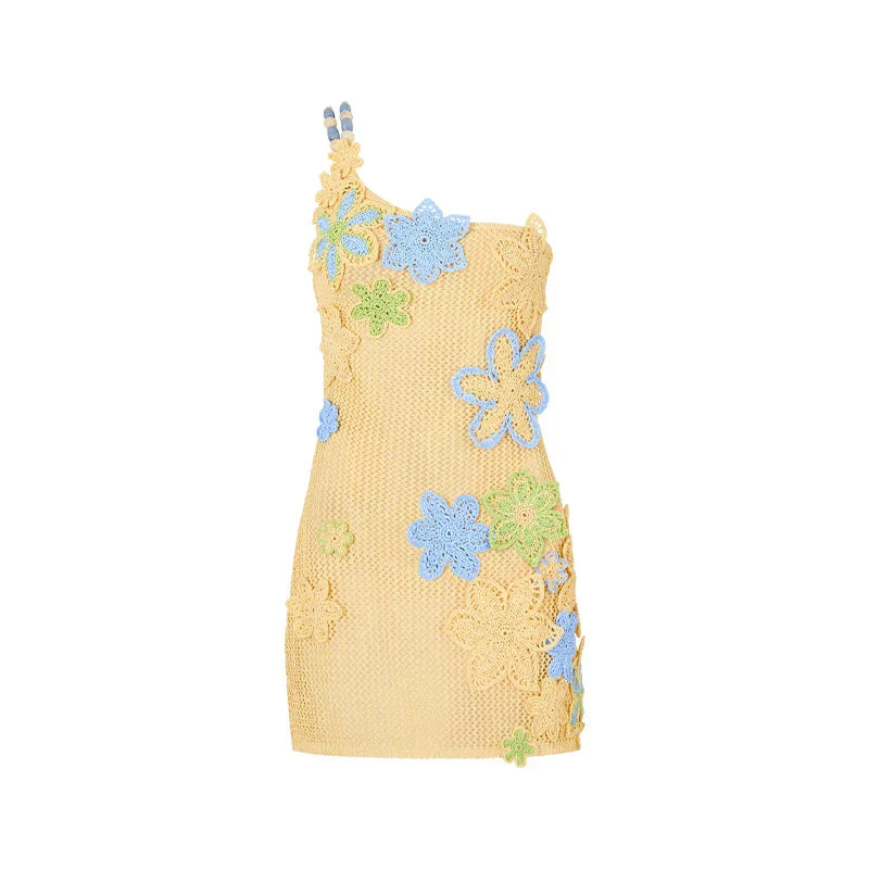 Sárga horgolt nyári miniruha virágmintával hölgyeknek – Nari