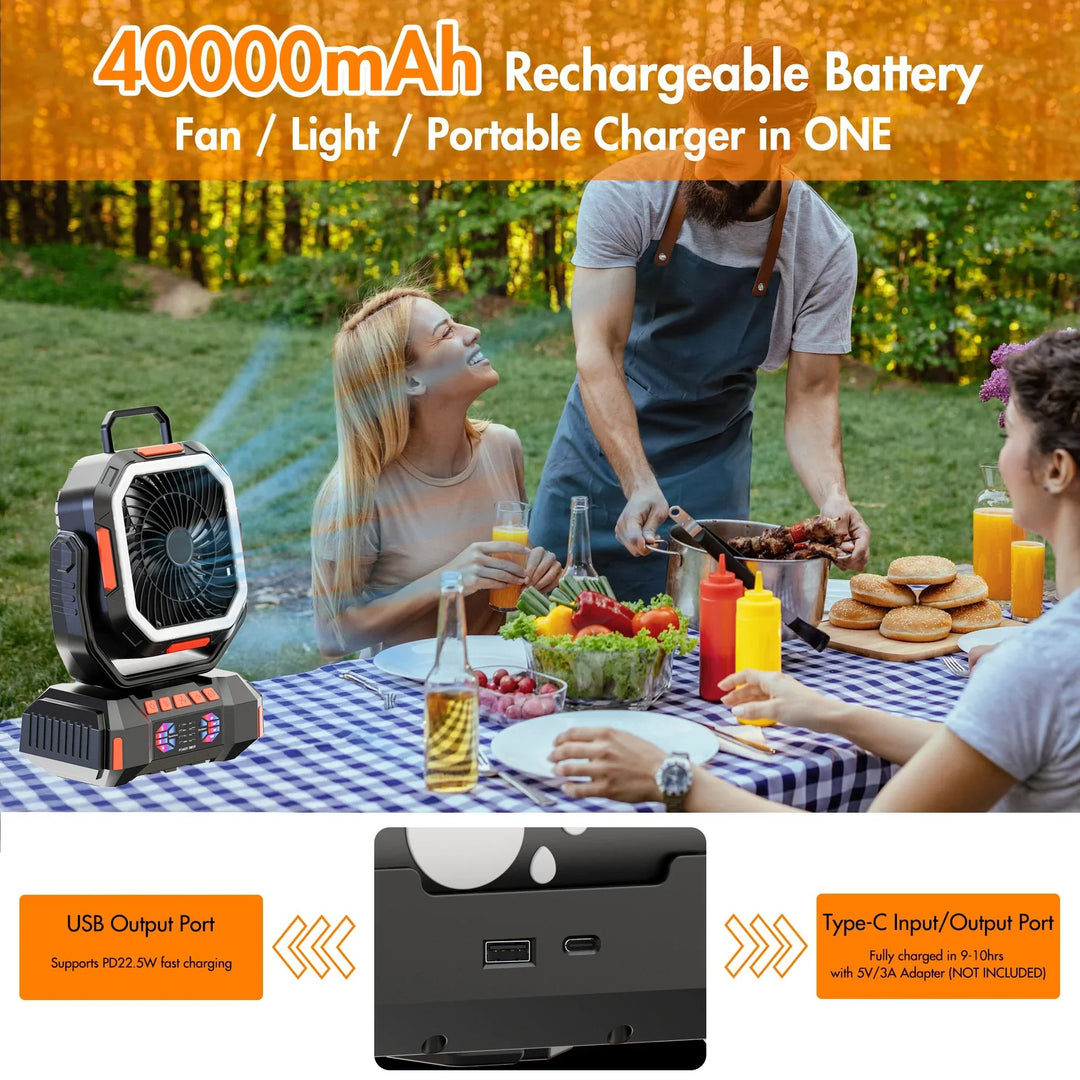 Újratölthető kempingventilátor 40000mAh akkumulátorral és LED lámpával – F22