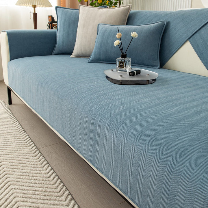 Chenille kanapévédő halszálka mintával – VeluraShield