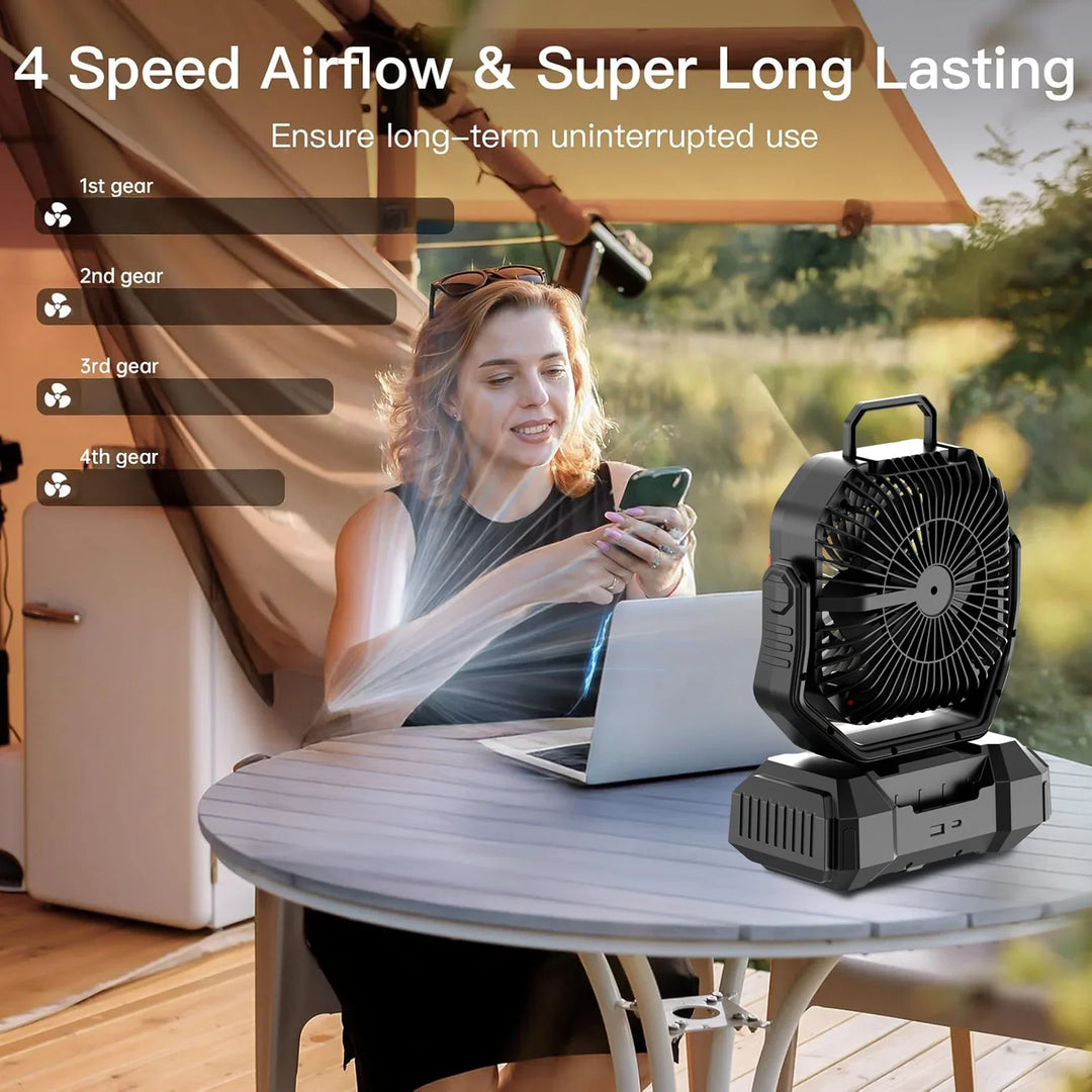 Újratölthető kempingventilátor 40000mAh akkumulátorral és LED lámpával – F22