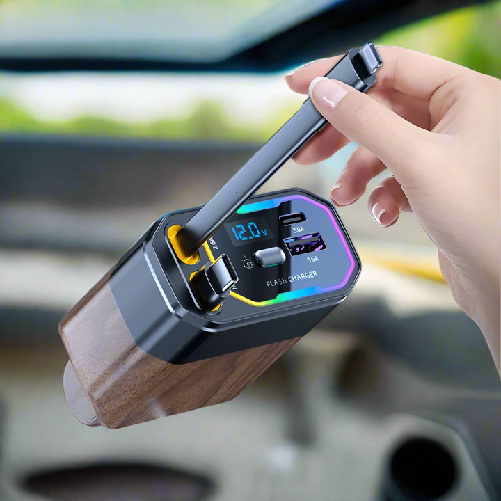 120W 4 az 1-ben Behúzható Autós Töltő USB-C-vel és Dohányzó Cigarettadapterrel – Vega
