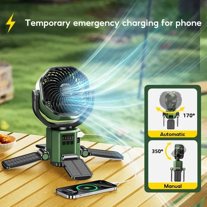 Napelemes kemping ventilátor 6000mAh akkumulátorral, LED fénnyel és 4 sebességes hűtéssel – SunBreeze