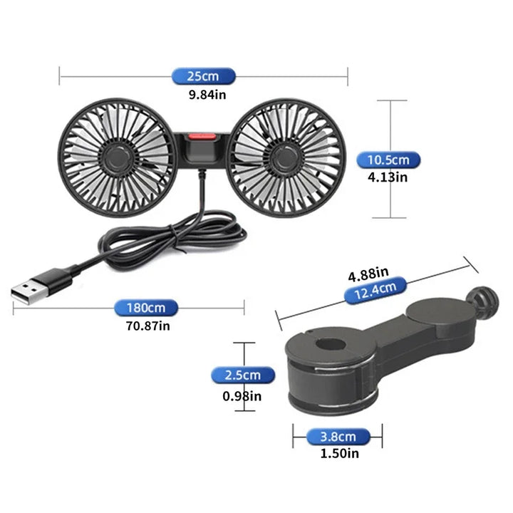 Hordozható USB Dupla Fejű Autós Ventilátor 360°-ban Forgatható 3 Sebességgel – CoolBreeze
