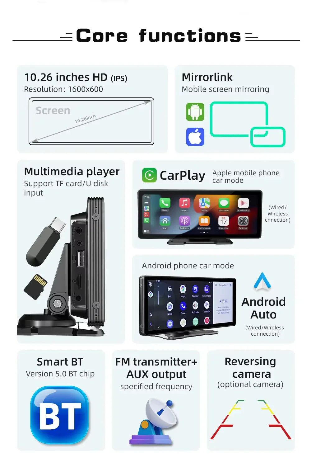 Univerzális 10,26 hüvelykes (26,06 cm) autós multimédia lejátszó vezeték nélküli CarPlay és Android Auto támogatással