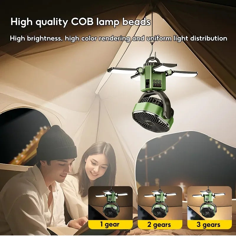 Napelemes kemping ventilátor 6000mAh akkumulátorral, LED fénnyel és 4 sebességes hűtéssel – SunBreeze