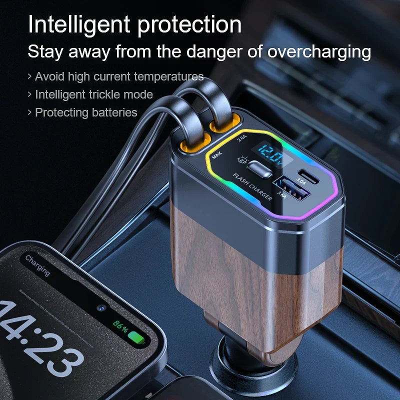 120W 4 az 1-ben Behúzható Autós Töltő USB-C-vel és Dohányzó Cigarettadapterrel – Vega