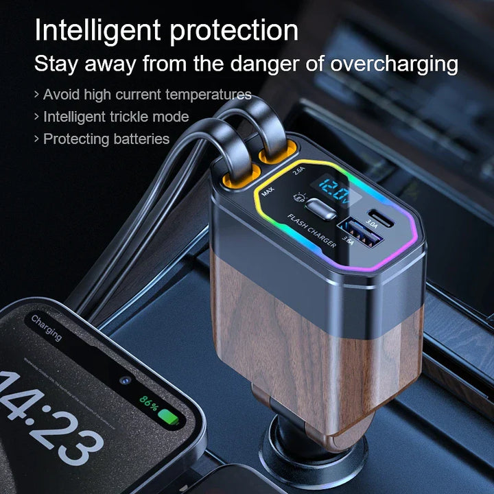 120W 4 az 1-ben Behúzható Autós Töltő USB-C-vel és Dohányzó Cigarettadapterrel – Vega