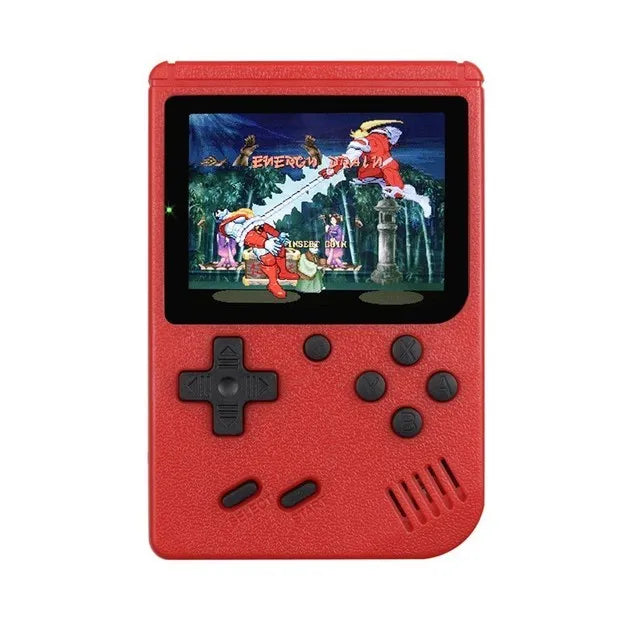 Rote Retro-Handheld-Konsole mit Spiel, Steuerkreuz und Tasten, tragbar, Gaming-Gerät.