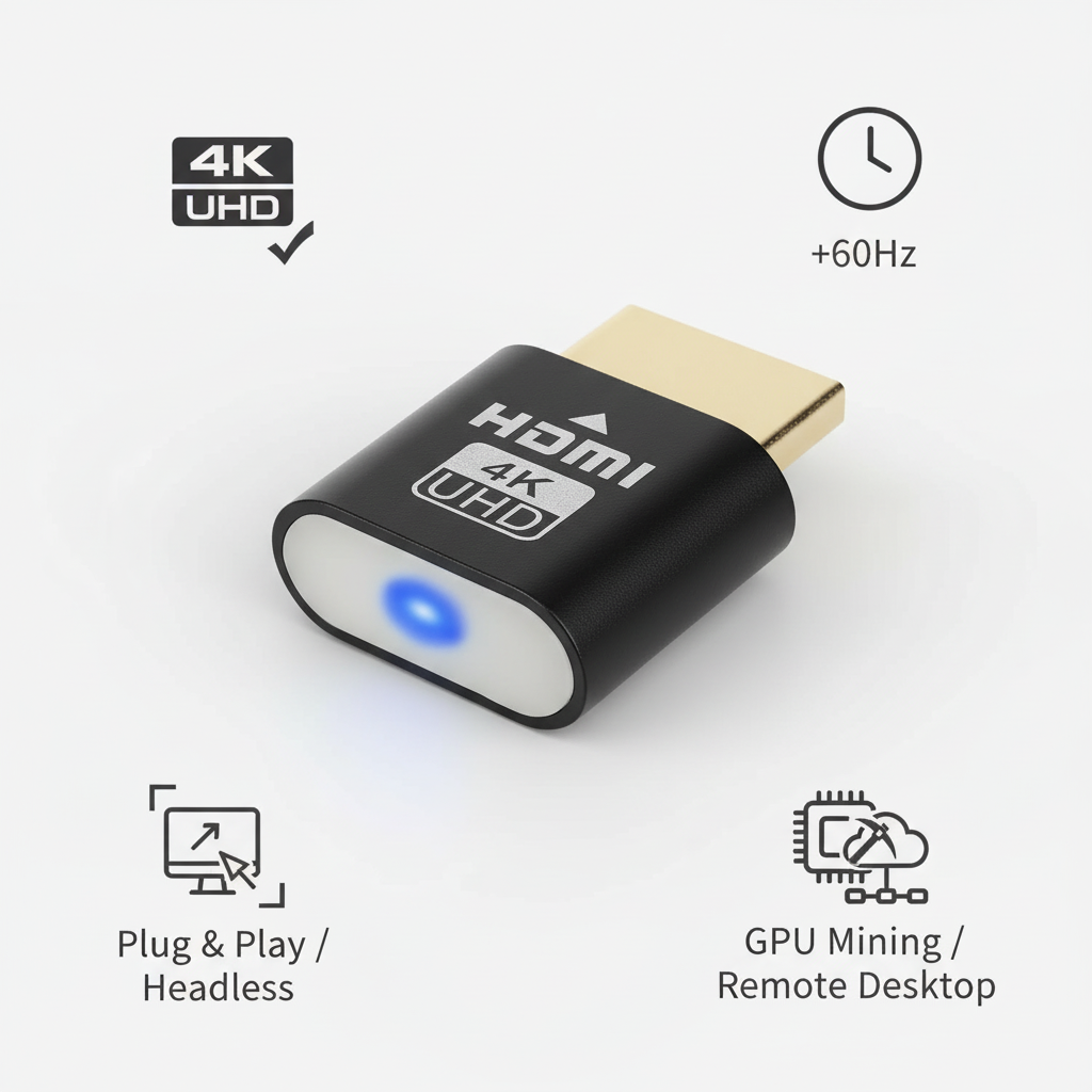 Fekete HDMI eszköz kék LED-del, körülötte ikonok a 4K felbontásról, a 60 Hz-es frissítésről és a fej nélküli használatról. 2