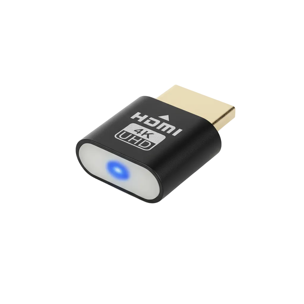 Fekete fém házú HDMI dugós eszköz arany csatlakozóval, a végén világító kék LED-del, fehér háttéren, ferde nézetből. 1