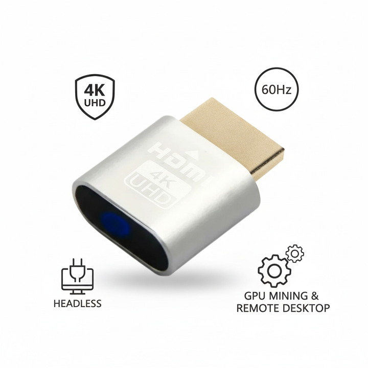 Ezüst színű eszköz sötét végű, kék fényű oldallal, körülötte ikonok a 4K, 60 Hz, fej nélküli és távoli asztali használatról. 11