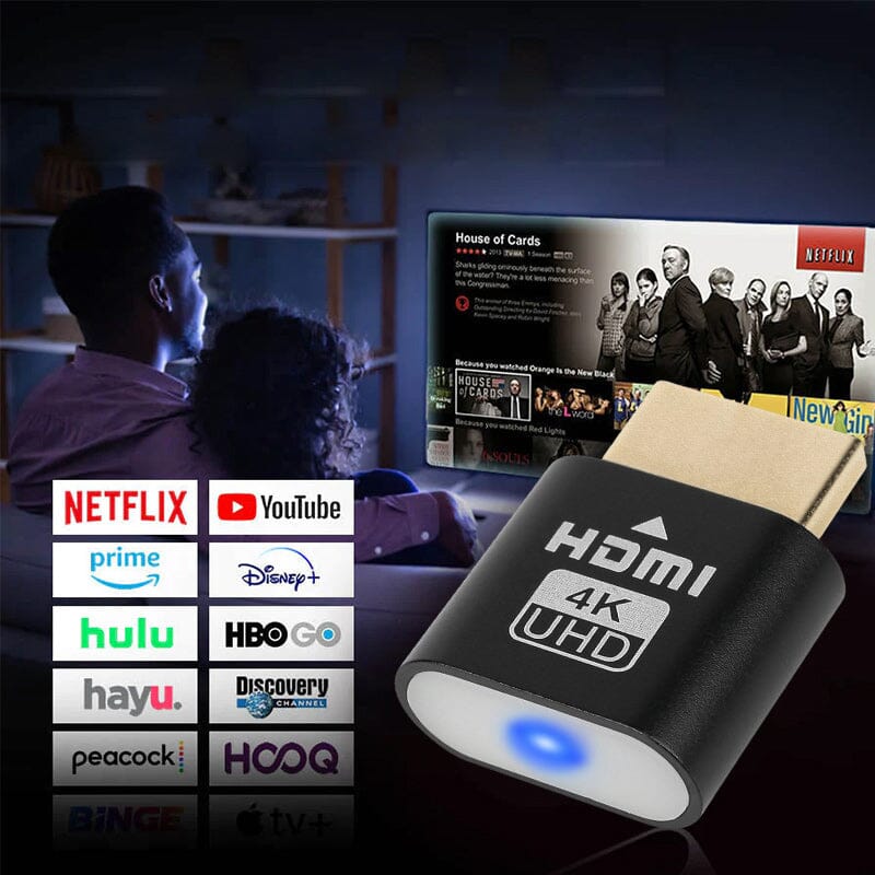 Fekete eszköz előtérben, mögötte egy pár a kanapén néz tévét, alatta streaming szolgáltatások logói. 8