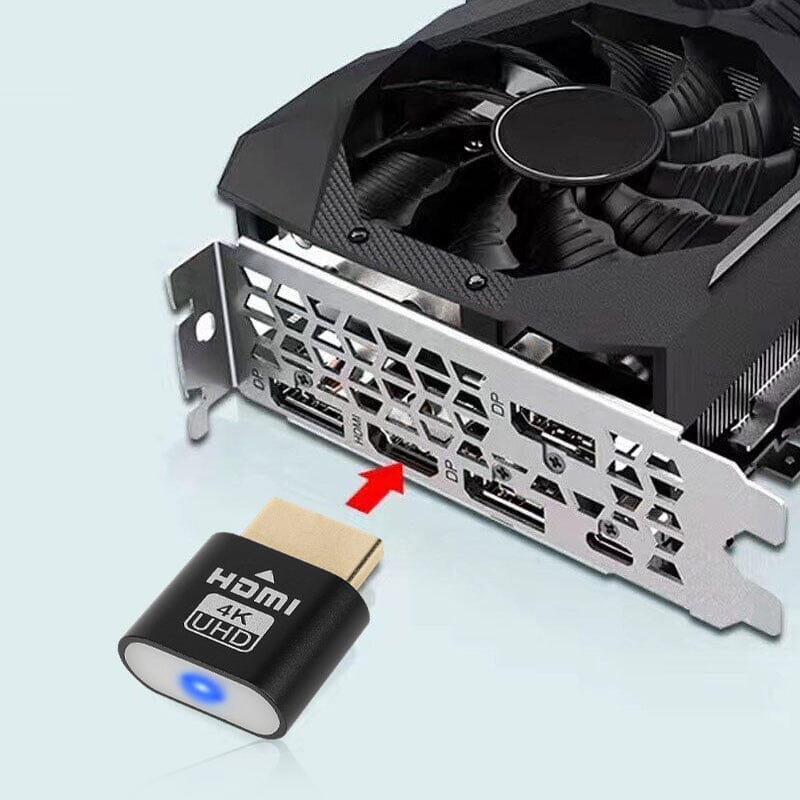 Fekete eszköz egy videokártya HDMI-kimenete felé mutató piros nyíllal, a kártya hűtőventilátorral és több csatlakozóval. 9
