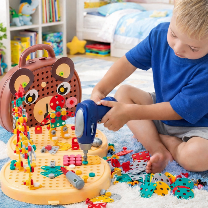 Montessori építőkészlet szerszámosláda gyerekeknek kék játékfúróval és színes elemekkel