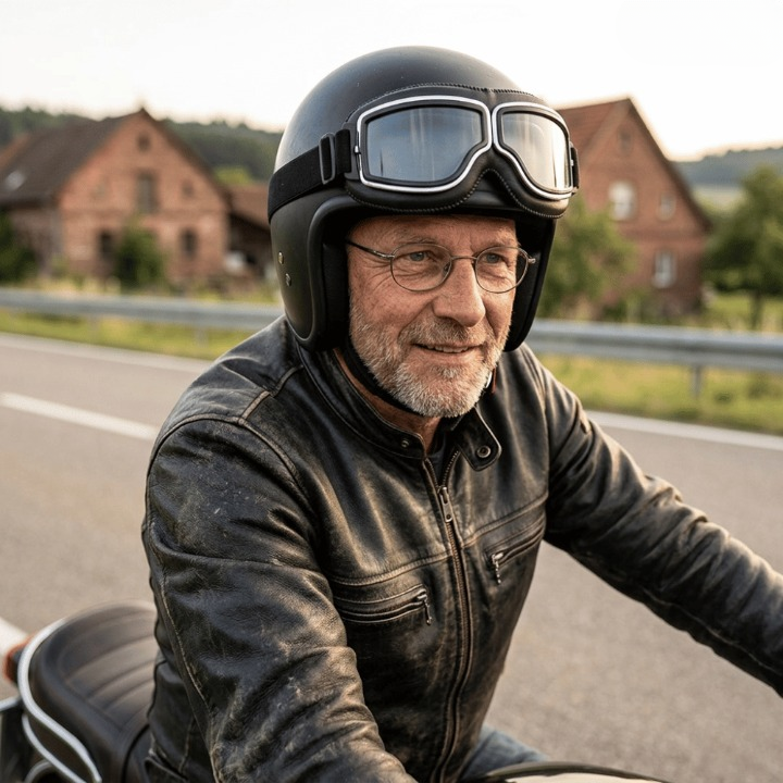 Idősebb, szakállas motoros bőrdzsekiben és nyitott bukósisakban, a sisakra feltolt szemüveggel, országúton ülve a motoron. 1
