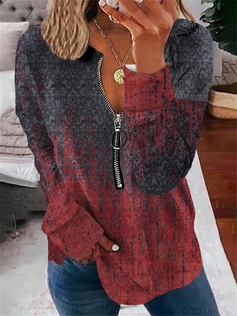 Őszi hosszú ujjú női felső vintage mintával és cipzárral – Milara