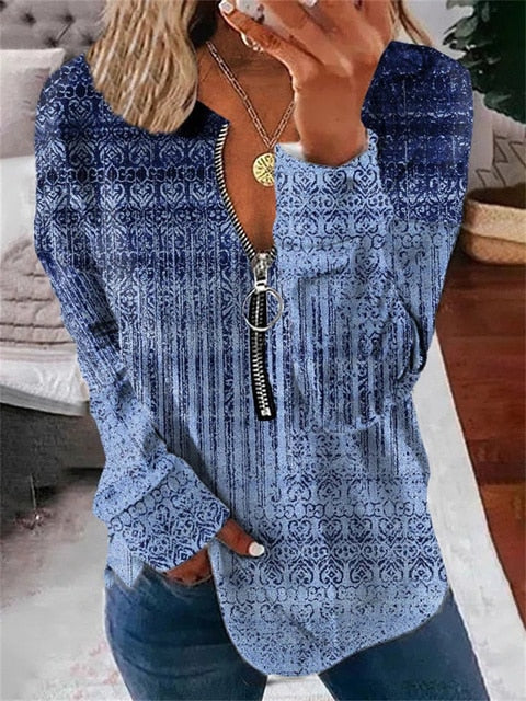 Őszi hosszú ujjú női felső vintage mintával és cipzárral – Milara