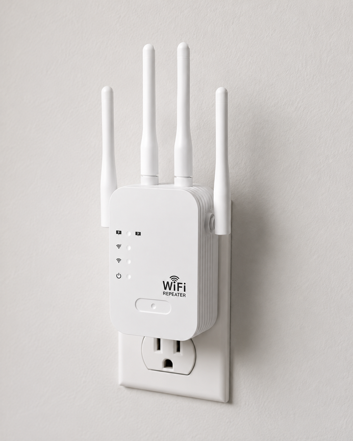 A négy antennás fehér WiFi-erősítő fali konnektorba dugva, az elülső oldala a jelzőfényekkel és a gombbal látható.